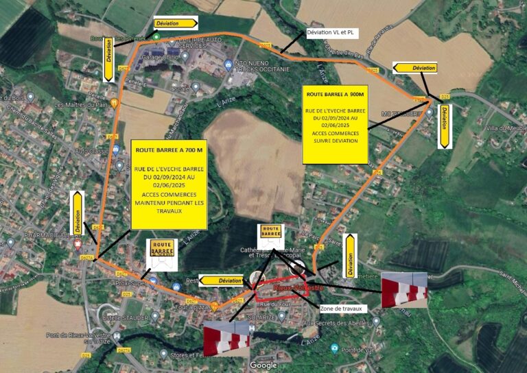 Plan de déviation PL et VL sur Rieux Volvestre avant travaux de Réseau31 (2024/2025)
